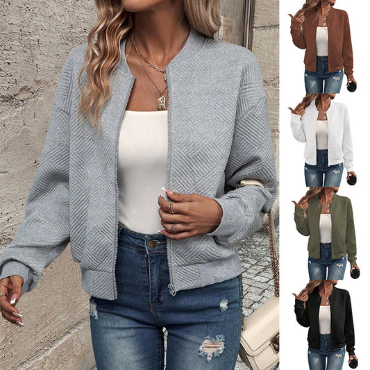 Autumn and Winter solid color zip jacket baseball collar casual coat women's cardigan