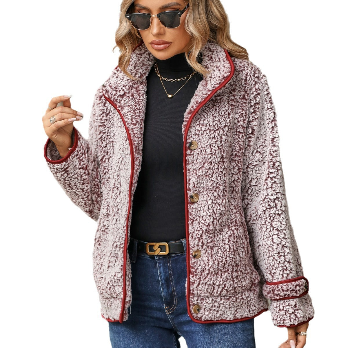 Autumn and winter women's long-sleeved single-breasted lapel plush coat