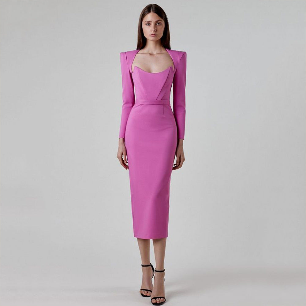 Simple Solid Color Sexy Long Sleeve Bandage Dress Party