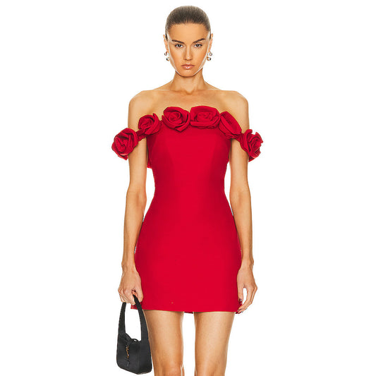 Red For Women Off-Shoulder Flower Bandage Dress Party