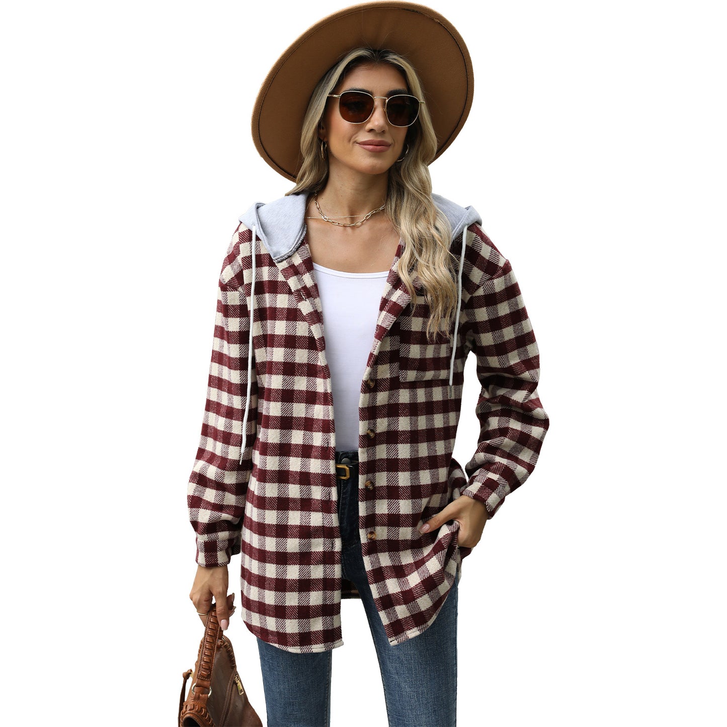 Autumn and Winter new women's hooded Plaid stitching top single-breasted woolen coat