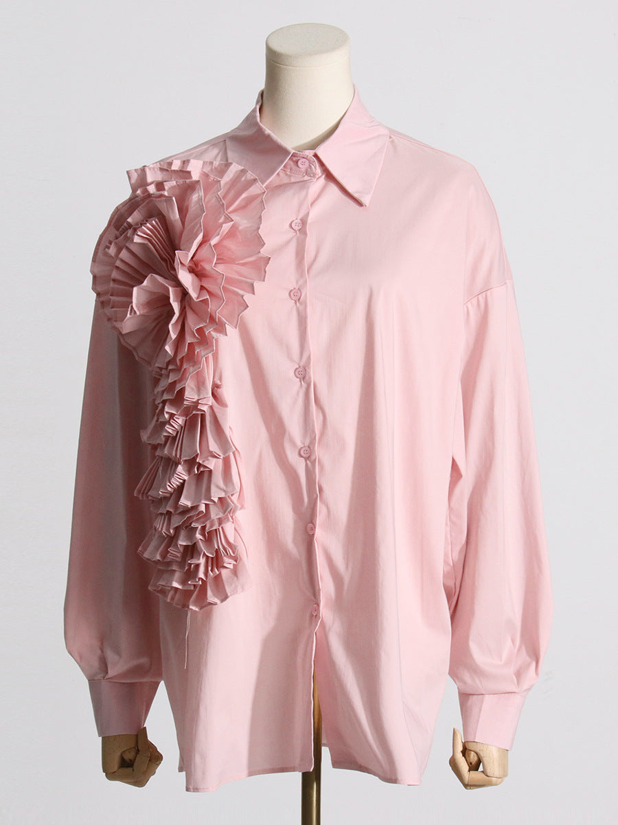 Spring 2024 New French fashion design stitching pleated three-dimensional flower versatile casual shirt long sleeve top