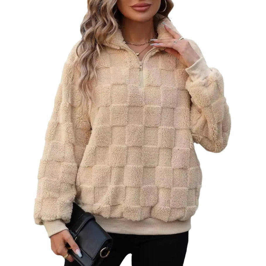 Autumn and Winter new women's clothing half zipped stand collar loose plaid plush pullover sweater