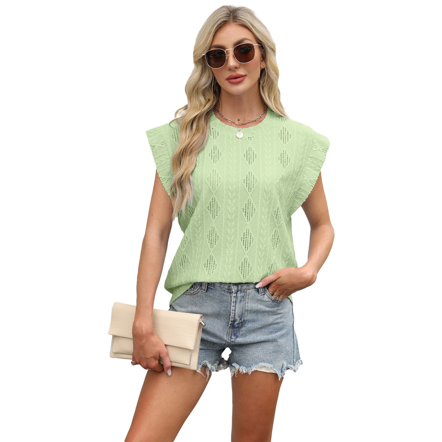 Spring and summer new round neck loose short-sleeved T-shirt jacquard top vest women