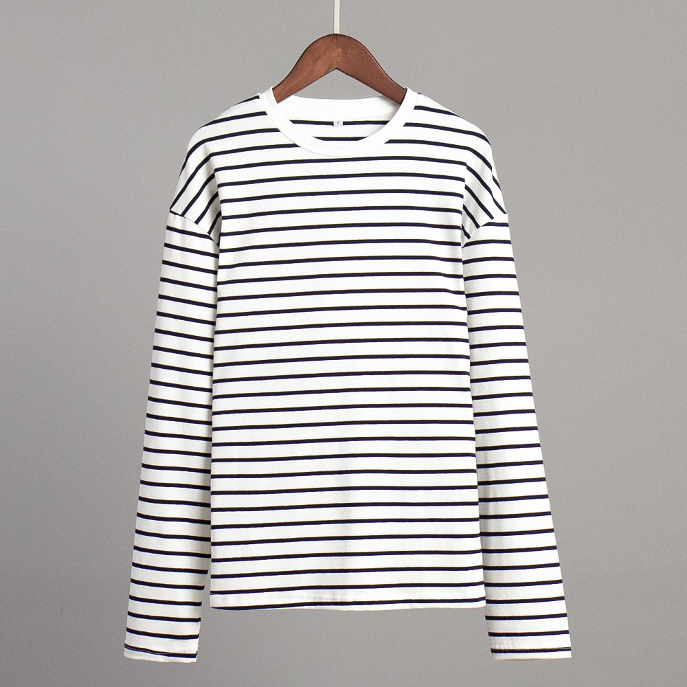 Long-sleeved striped T-shirt casual round neck cotton striped loose top