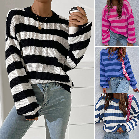Striped sweater women's round neck long sleeve loose casual knitted top