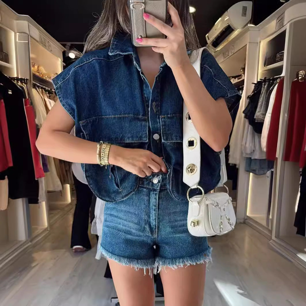 Women's solid color vest coat large pocket sleeveless cardigan polo collar shirt Denim top