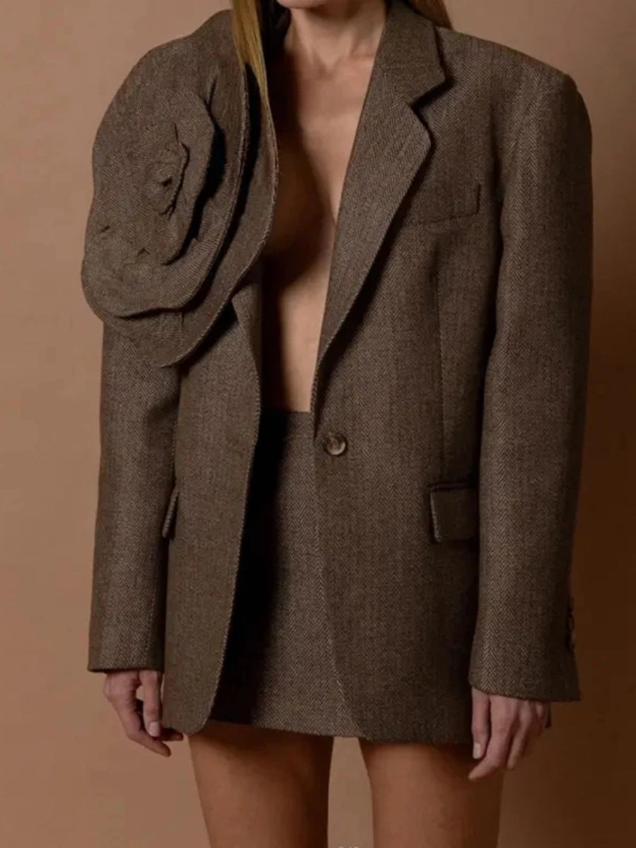 2024 Spring New Artistic Retro Three-Dimensional Flower Loose Design Sense One Button Solid Color Suit Jacket For Women