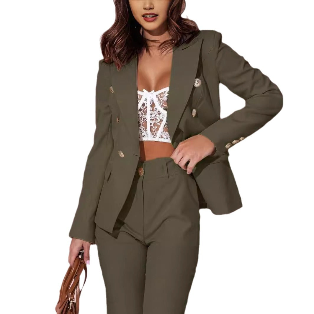 Spring and Autumn women's jacket long-sleeved double-breasted solid color stand collar suit