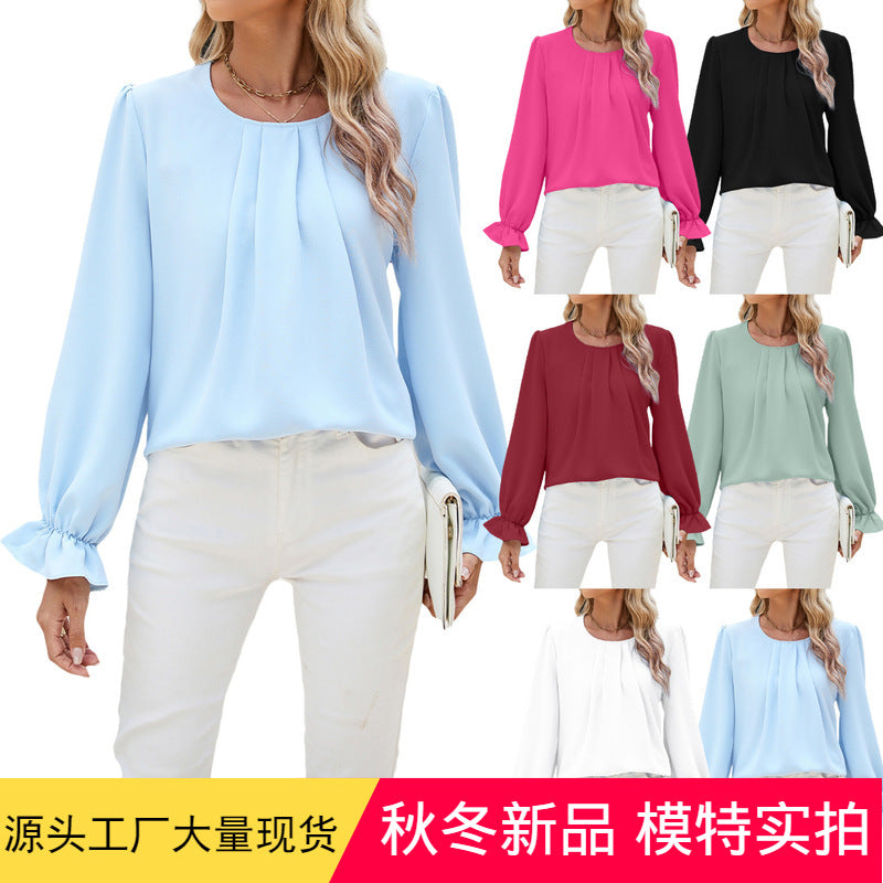 Autumn and Winter solid color round neck long sleeve loose chiffon blouse top for women