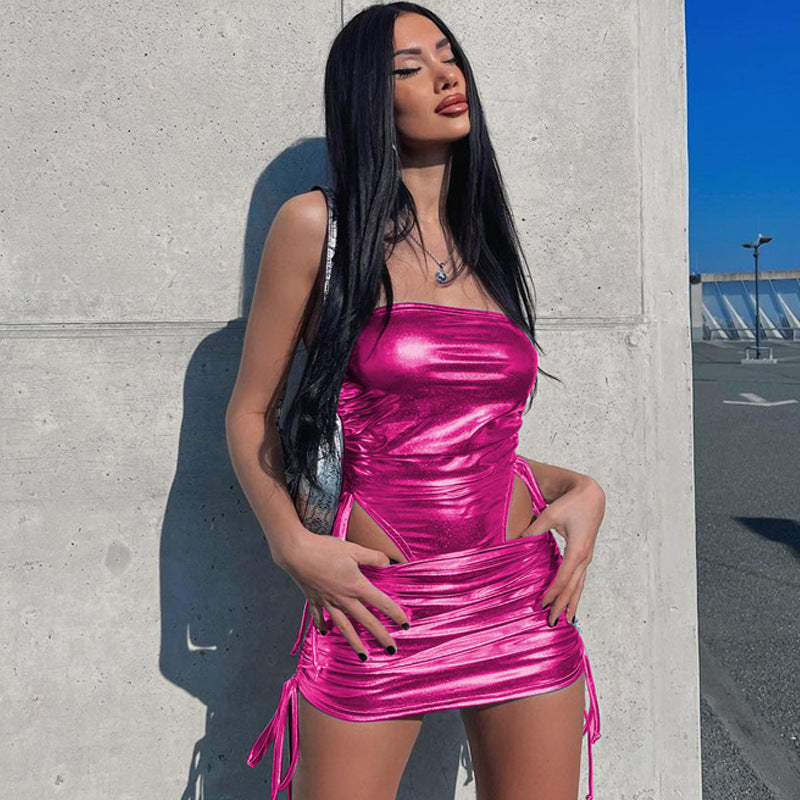 Autumn fashion metallic drawstring jumpsuit drawstring hip skirt women's suit