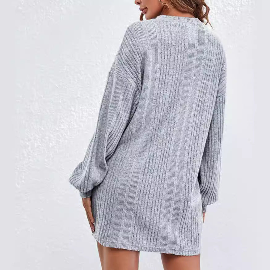 Spring and Autumn women's knitted pullover round neck long sleeve dress