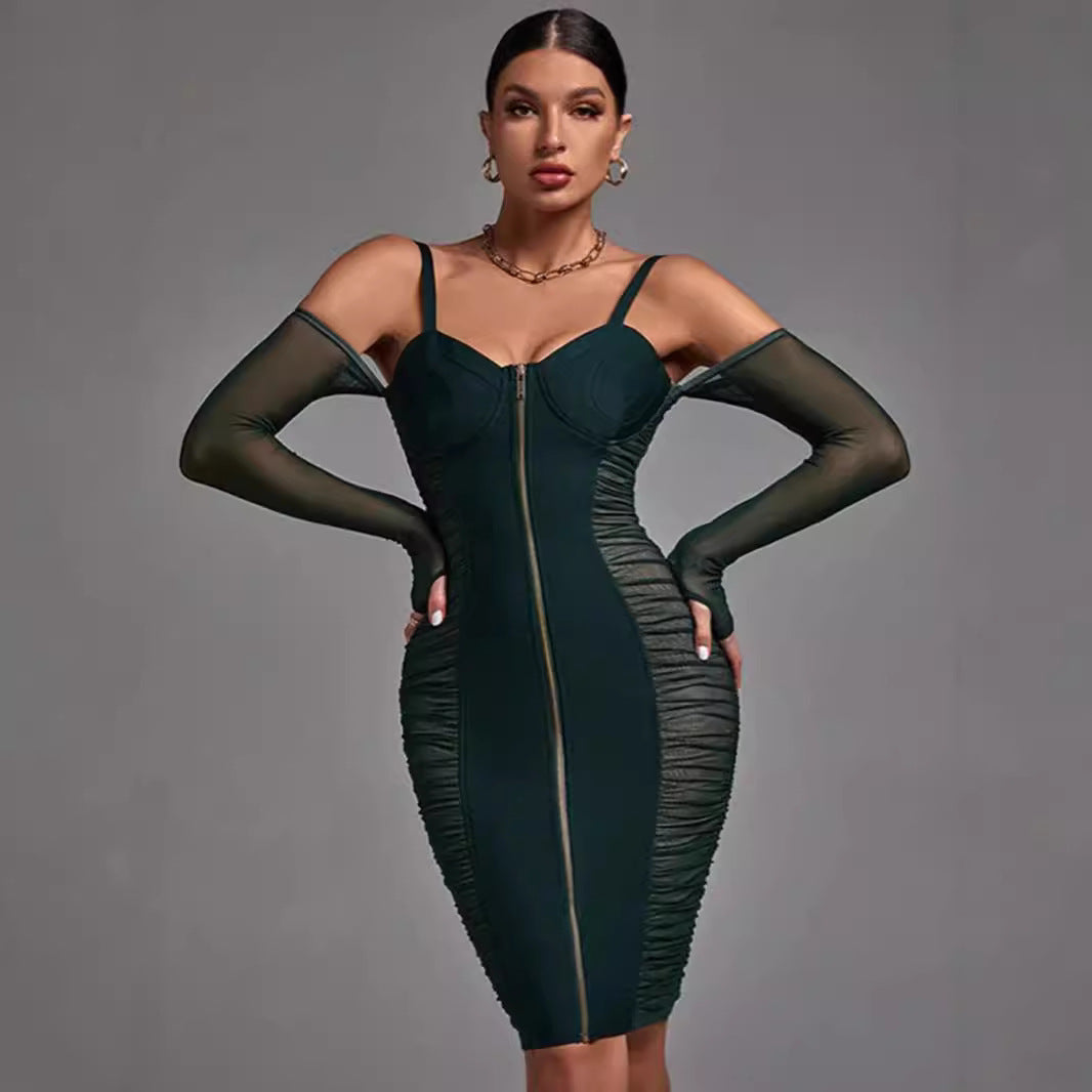Mesh See-Through Off Shoulder Spaghetti Hollow Out Tied Pleated Dress