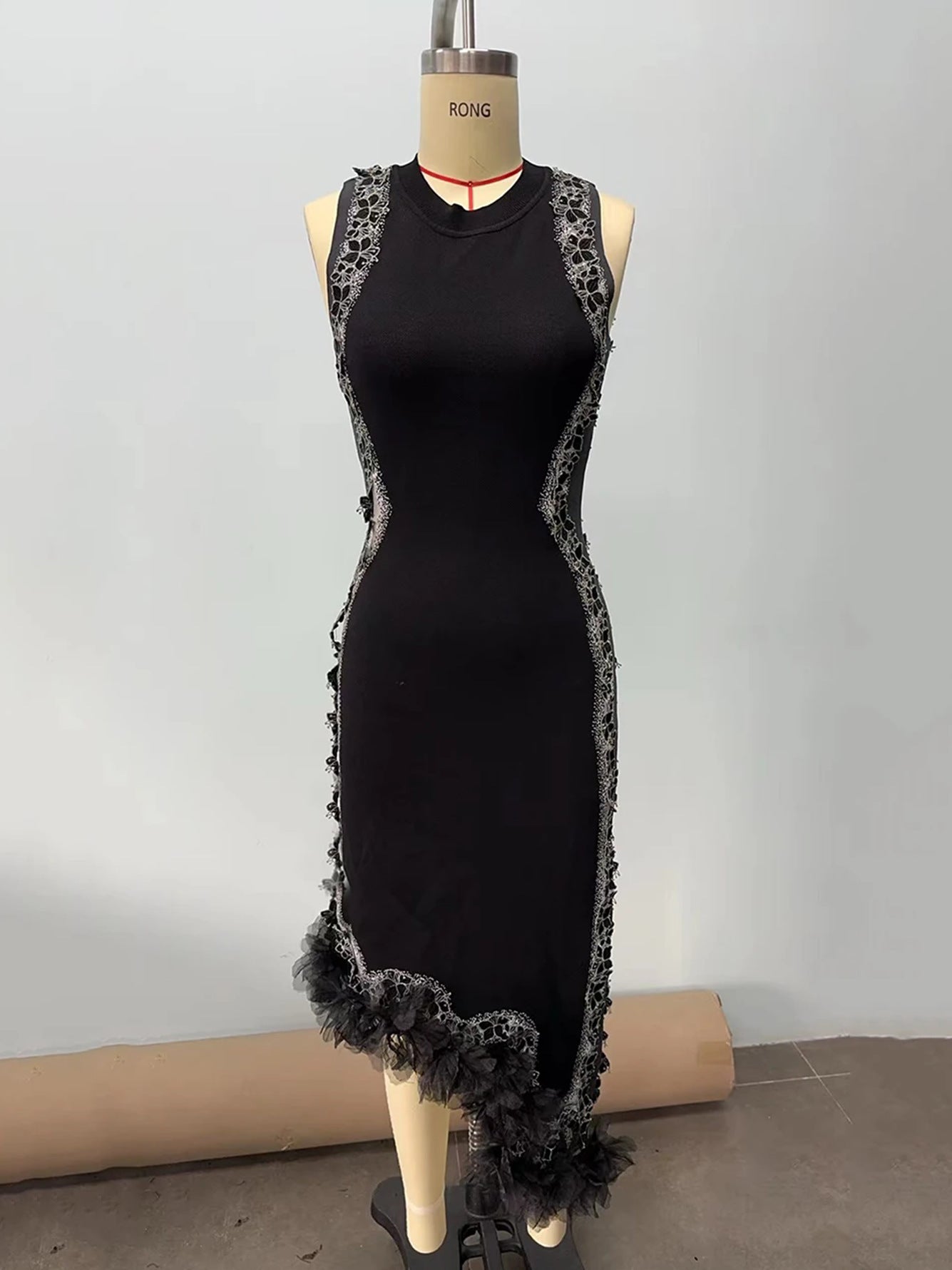 Black Knitted Dress Sexy Sleeveless Mid-Length Wooden Ears