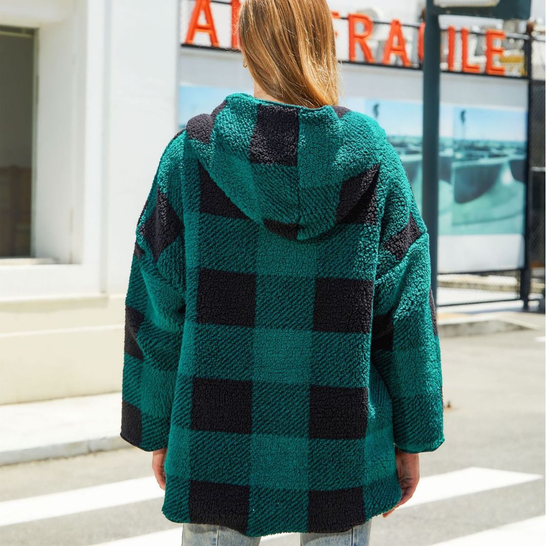 Women's autumn and winter plaid loose casual buckle-free cardigan double-layer plush coat