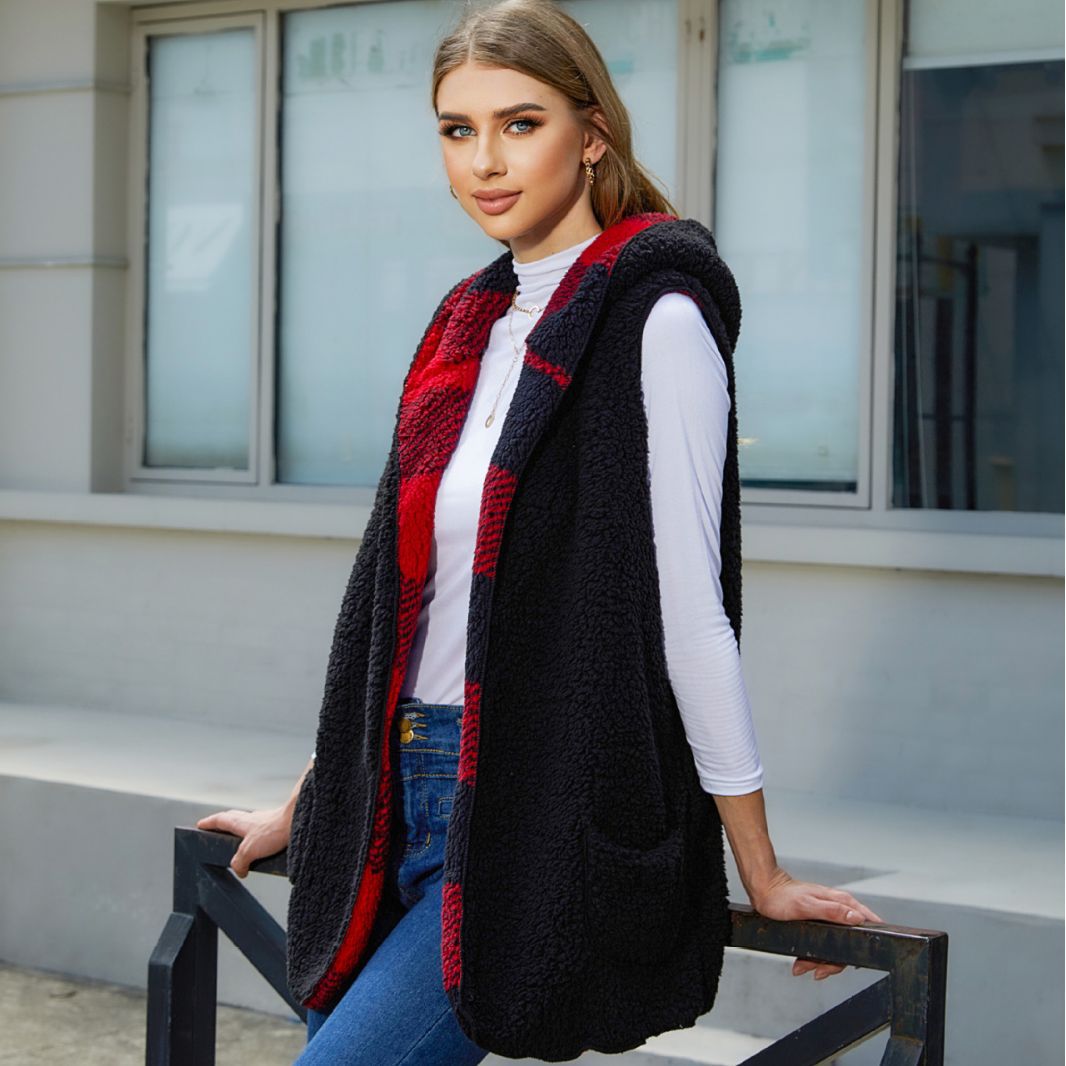 Fall women's clothing loose fashion hooded buckle-free cardigan Plaid plush vest coat for women