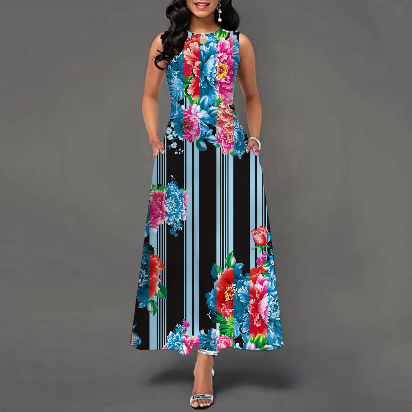 Sleeveless long dress female positioning print big swing skirt bohemian retro long skirt