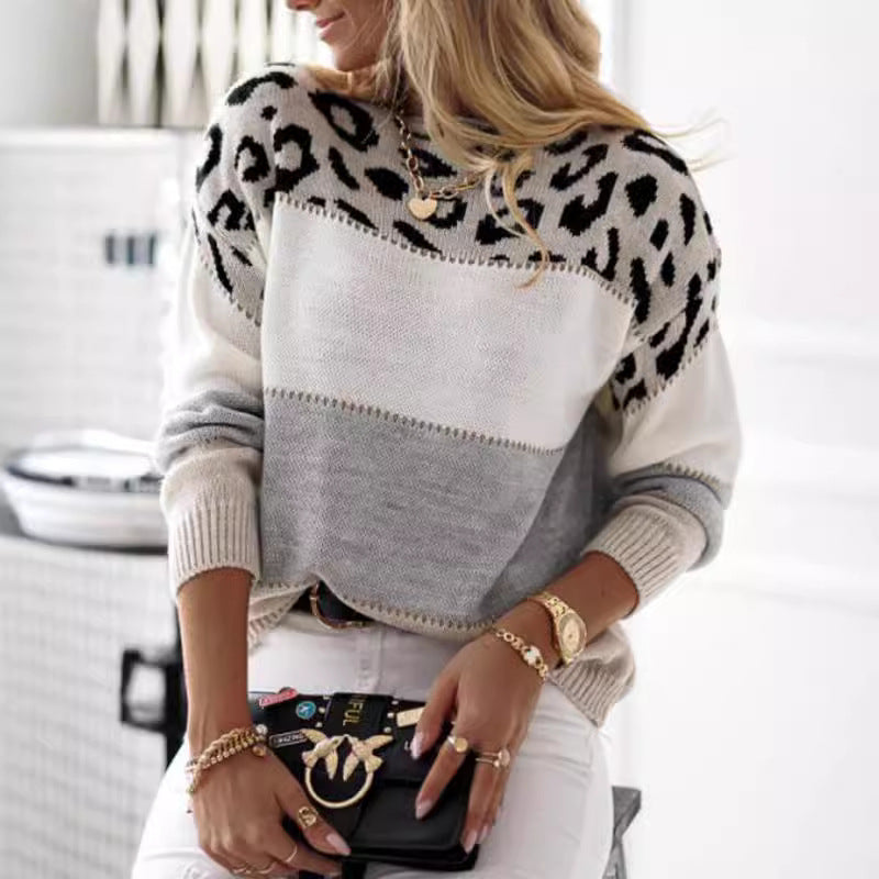 Knitwear women's spring and autumn pullover long sleeve bottoming shirt color-blocking leopard print crew neck casual sweater