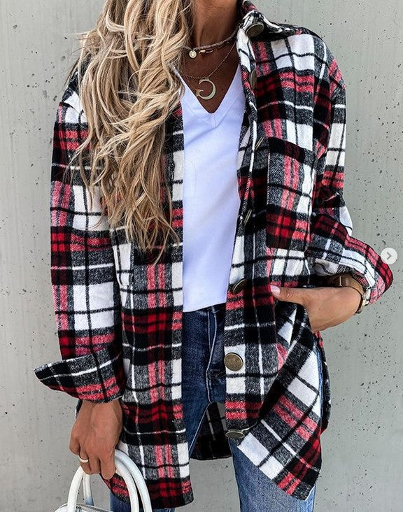 Women's autumn and winter loose casual retro plaid long sleeve shirt coat