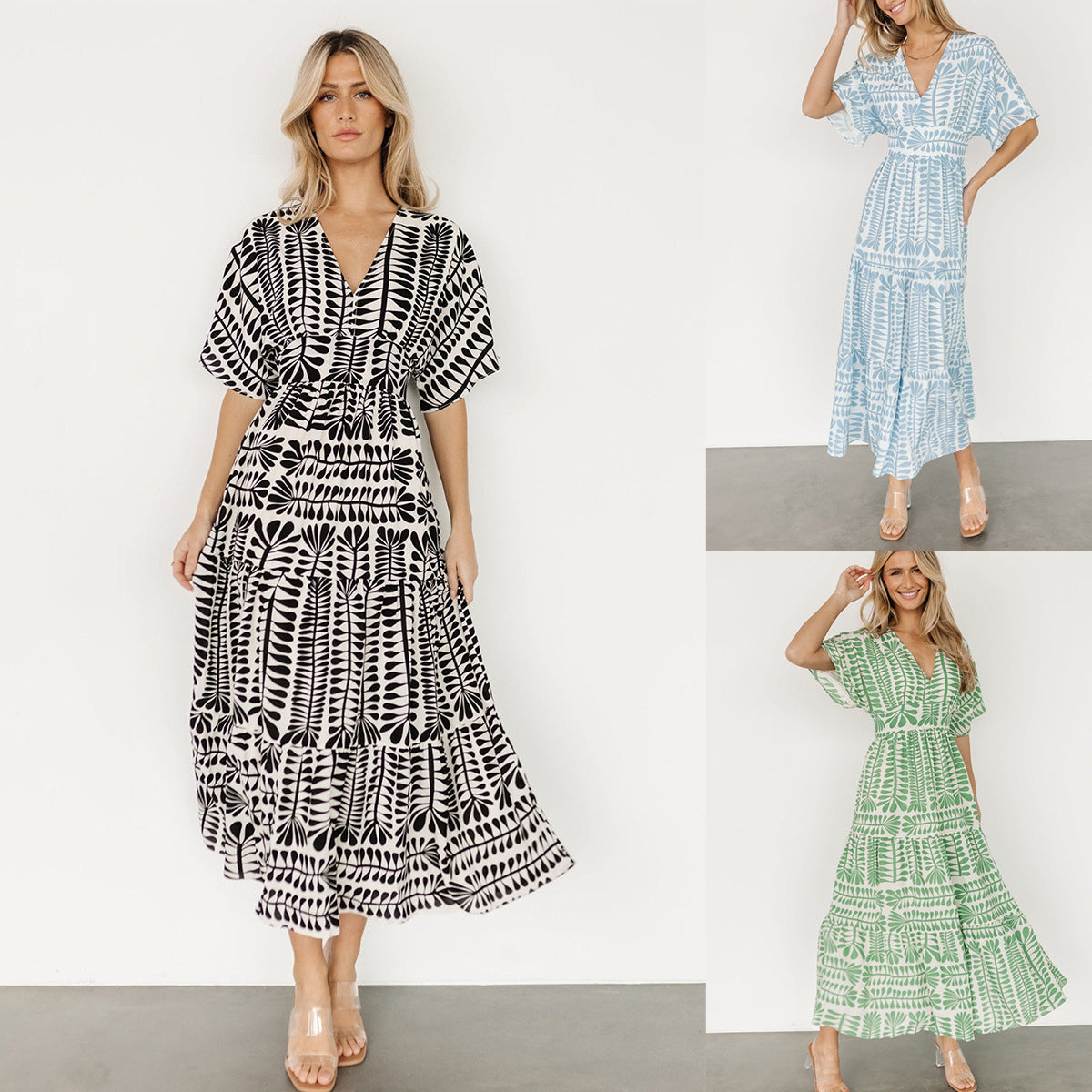 Long retro skirt striped 2024 bohemian new high waist short sleeve printed dress women's blouse