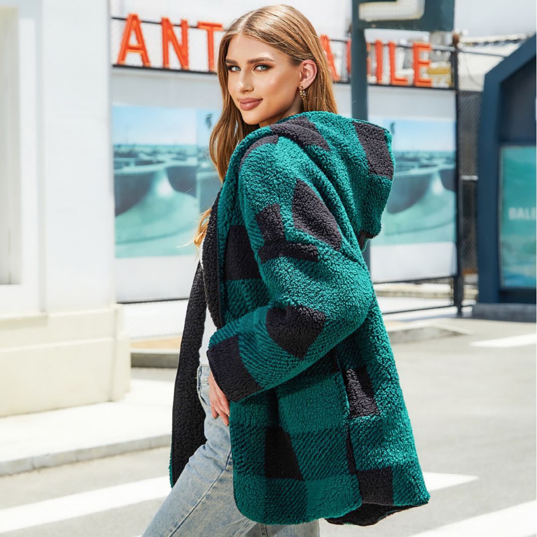 Women's autumn and winter plaid loose casual buckle-free cardigan double-layer plush coat