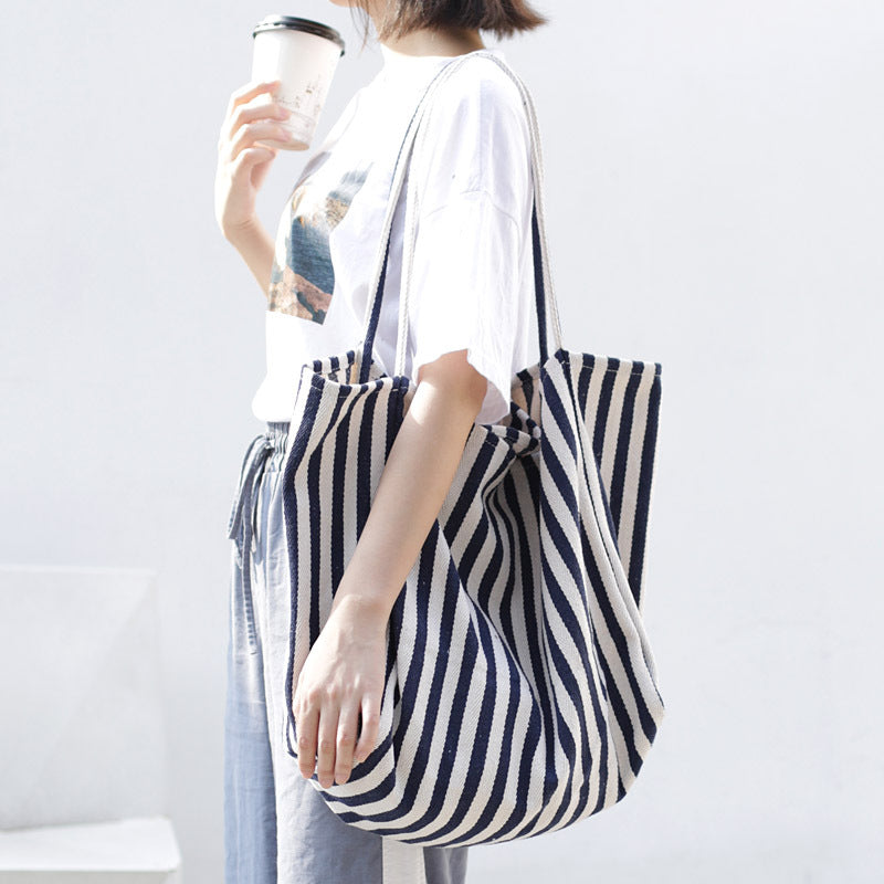 Retro literary handbag simple small fresh striped canvas bag casual fashion large capacity shoulder women's bag