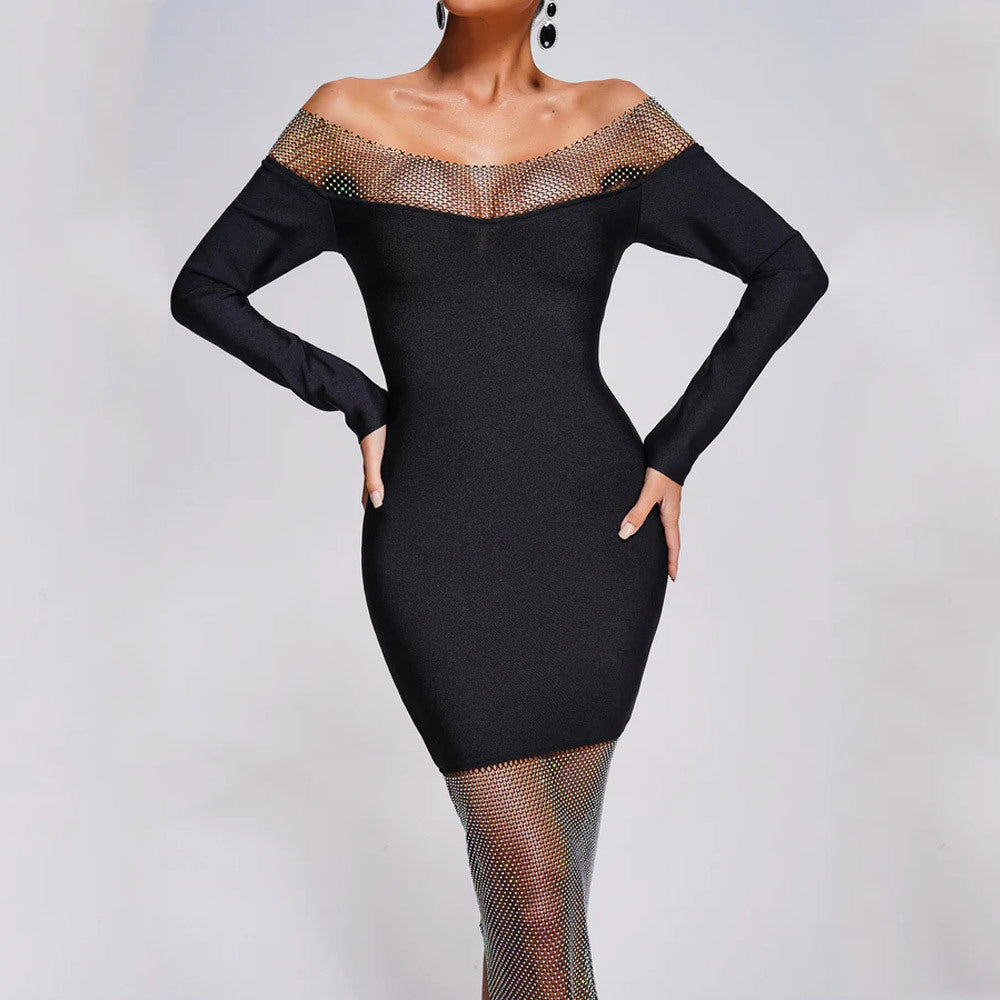 Sexy Off-The-Shoulder Long Sleeve Mesh Diamond Dress Slim Bandage Party