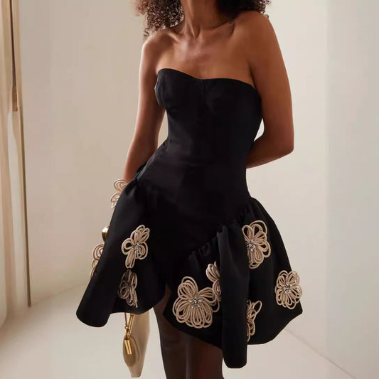 Women French Style Tube Top Pettiskirt Black Flower Bandage Dress