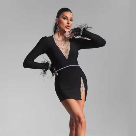 Black Feather Long Sleeve Bandage Dress Rhinestone Mesh Stitching