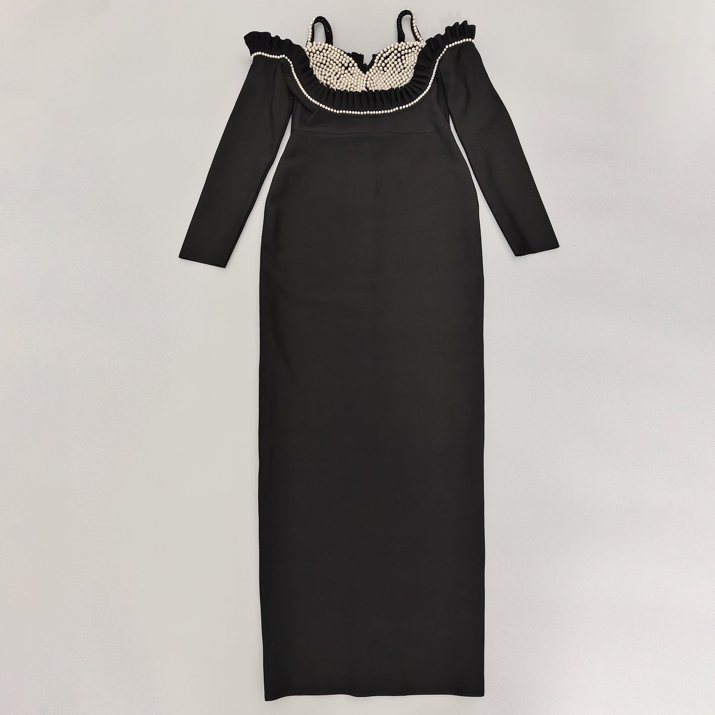 Elegant Black Long Sleeve Evening Dress Pearl Bandage Dresses