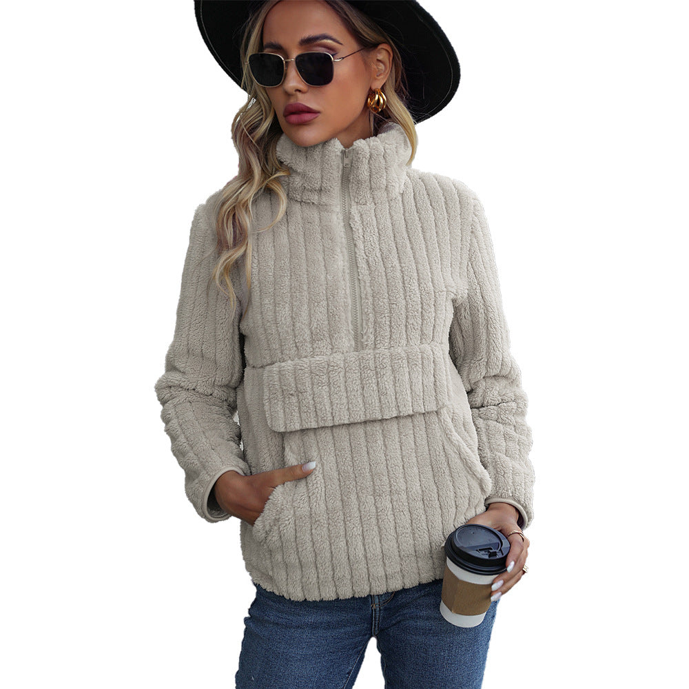 Autumn winter women's wear lapel long sleeve pullover half zipper sunken stripe double-sided velvet casual sweatshirt