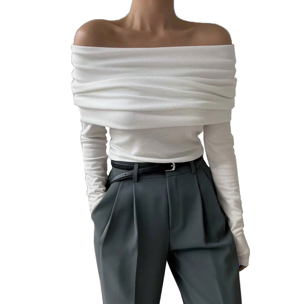 Off-shoulder shoulder-baring T-shirt Slim fit slimming knitted sweater women's pullover