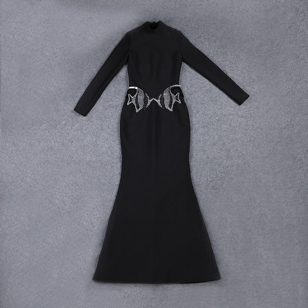 Women Sexy Long Sleeve Black Diamond Fish Hollow Bandage Dress