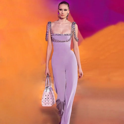 High Waisted Jumpsuit Purple Large Rhinestone Wide Leg Pants