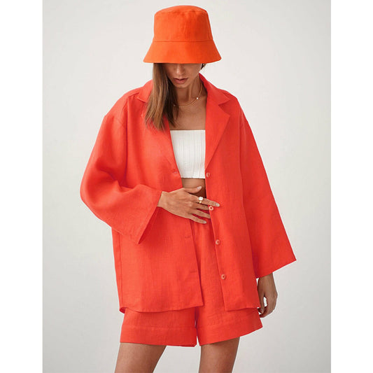 Cotton shorts suit women's lapel loose single-breasted Shirt high waist straight pants two-piece set