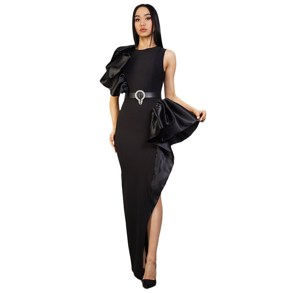 Black One Shoulder Lace Elegant Split Mid-Length Bandage Dress Party