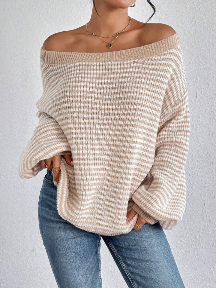 Off-the-shoulder sweater all-match loose contrast color striped lantern sleeve lazy sweater women