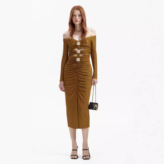 French Shoulder Hollow Flower Bandage Dress Feminine Celebrity High-end Evening Dress