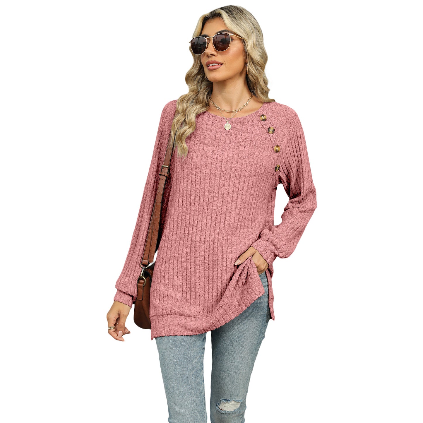 Women's 2024 autumn and winter New round neck raglan sleeve solid color T-shirt split top