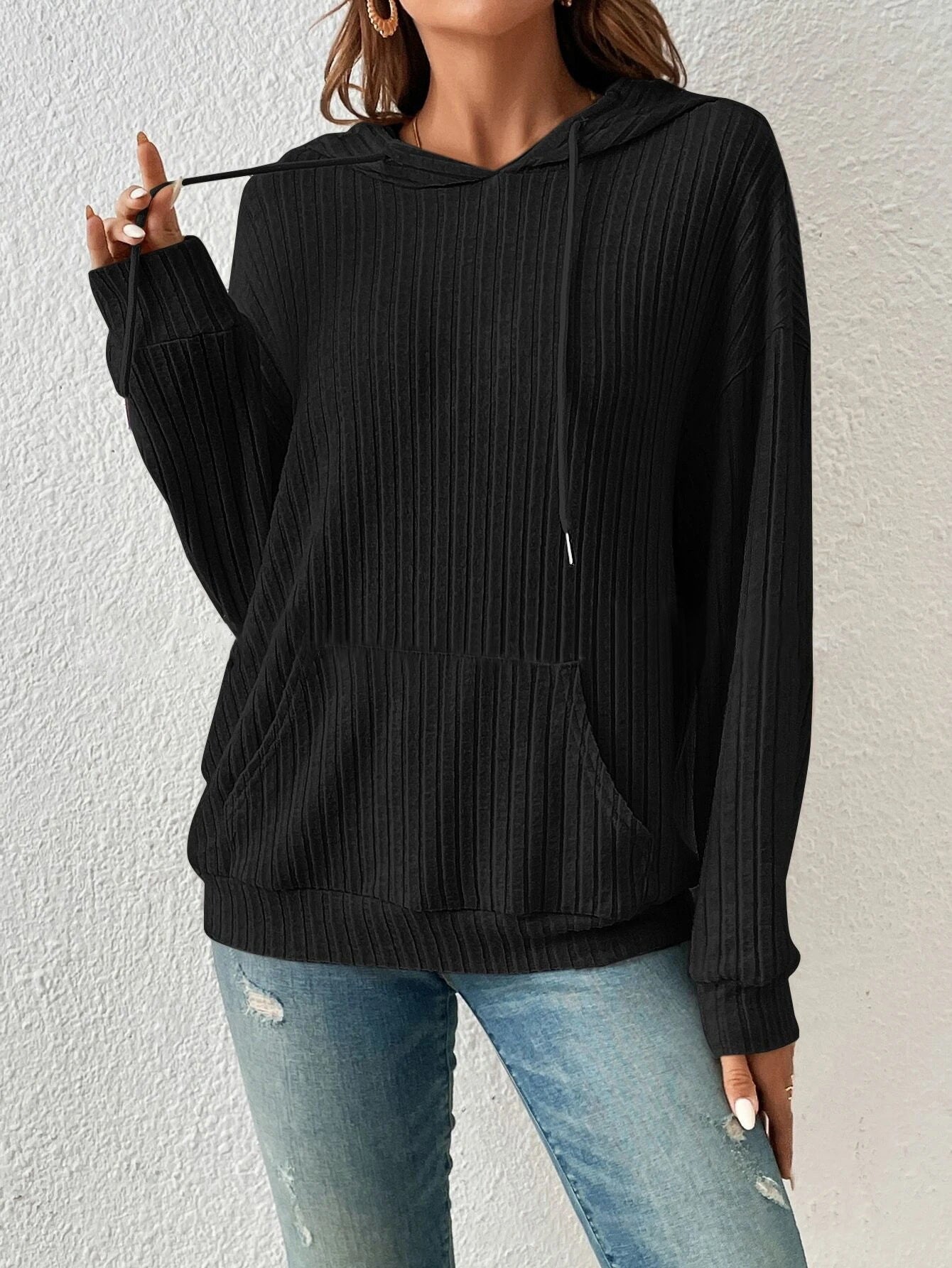 Autumn Winter Coat women's knitwear hooded sunken stripe kangaroo pocket sweatshirt