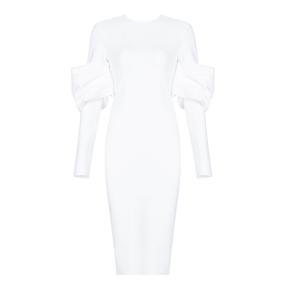 Elegant Women White Long Sleeve Party Evening Midi Dress