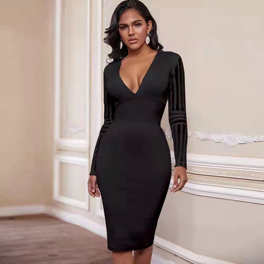 Bandage Dresses V-Neck Long Sleeve Slim-Fit Banquet Dress