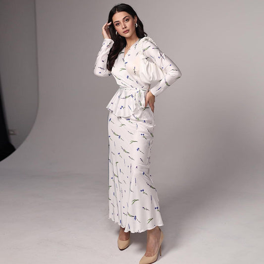 Spring new V-neck small fresh printing high waist long dress hip-wrapped dress