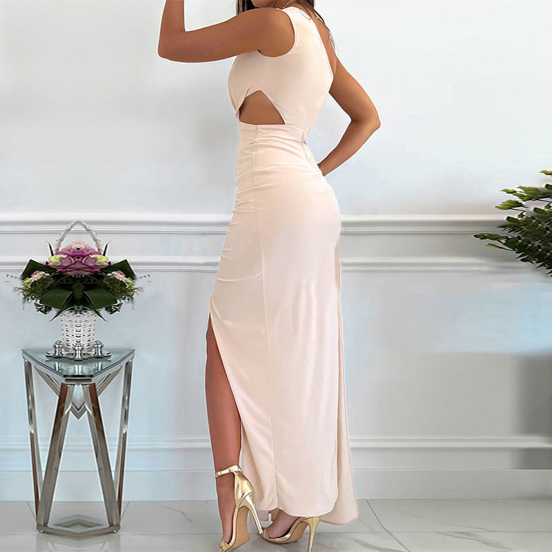 Solid color dress skirt European and American elegant style single shoulder hollow pleated split waist skirt