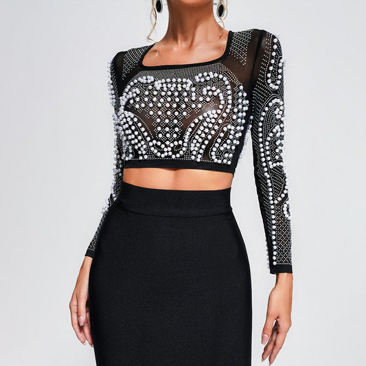 Square Collar Long Sleeve Beaded Top Slim Bandage Skirt Two-Piece Suits