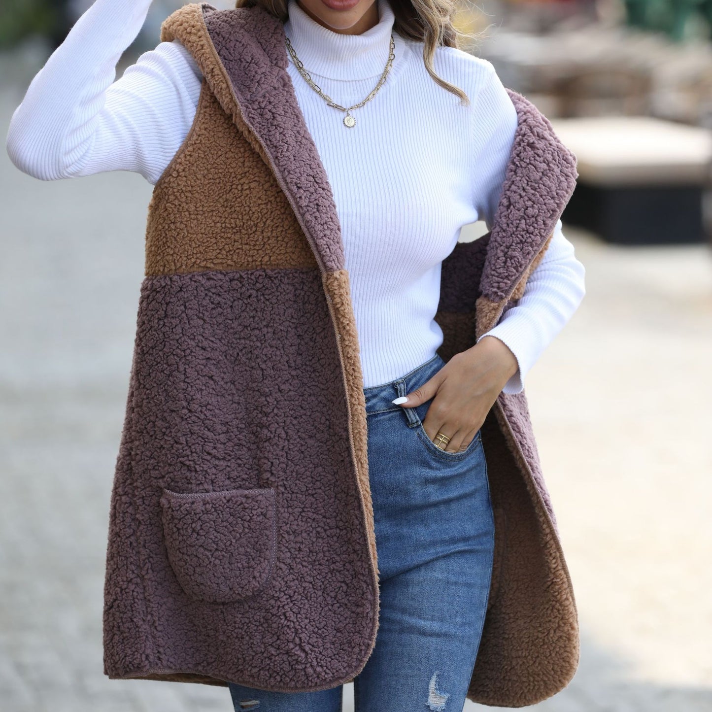 New fall women's clothing hooded sleeveless color matching pocket buckle-free mid-length cardigan bubble fleece jacket