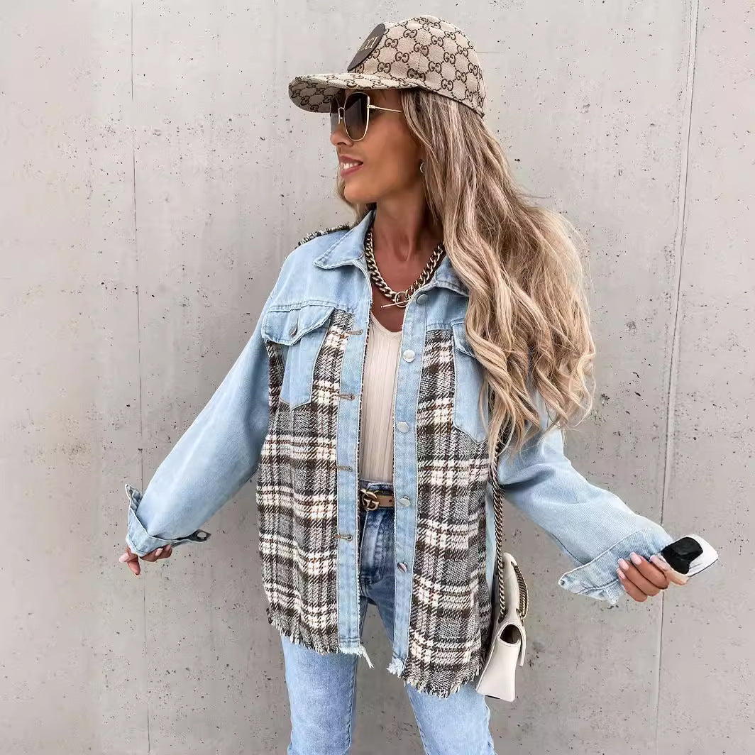 2024 New Denim stitching plaid coat loose top casual women's shirt