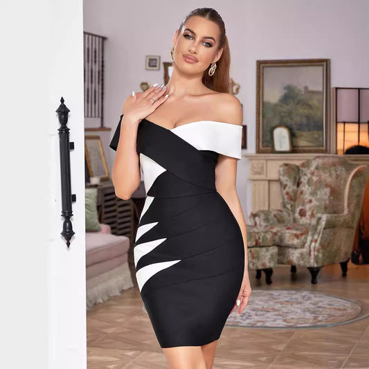 Black White Contrast Color Off-Shoulder Mini Sexy Party Bandage Dress