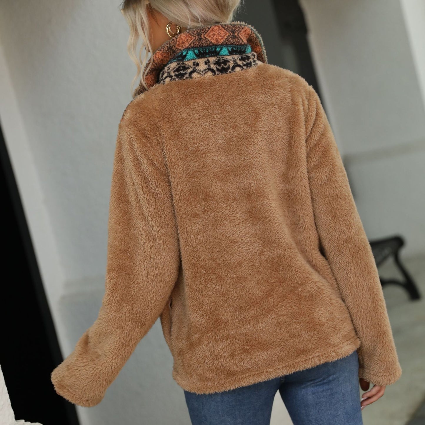 Plush printed half zipped stand collar long sleeve loose casual pullover