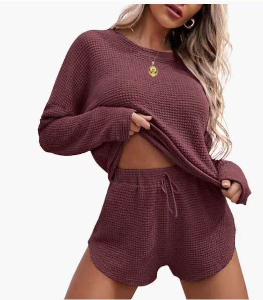 Waffle Knitted Pajamas Casual Suit Homewear Sportswear